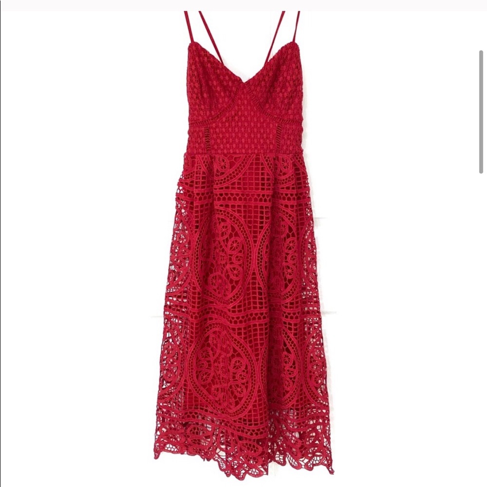 Lulu's Real Life Dream Berry Red Lace Midi Dress